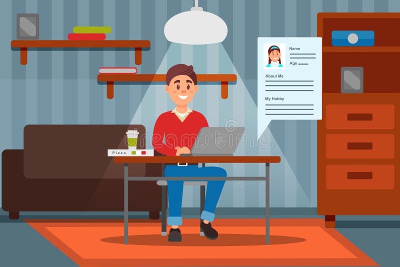 Young smiling man working on laptop computer in his home, room interior vector ilustration stock illustration Young smiling man working on laptop computer in his home, room interior vector ilustration stock illustration