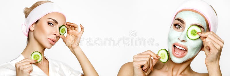 Young smiling woman with a clay mask. Photo of attractive young woman covering her eyes with cucumbers on a white background. stock photo Young smiling woman with a clay mask. Photo of attractive young woman covering her eyes with cucumbers on a white background. stock photo