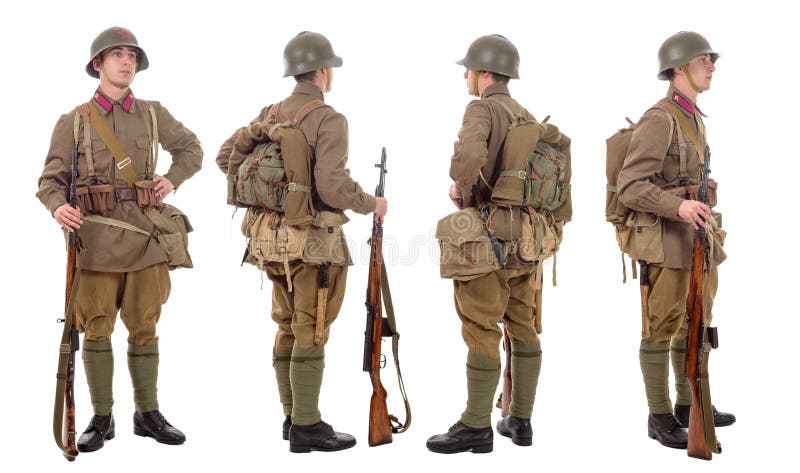 Young Soviet soldier with SVT rifle , front, profile, back stock photos Young Soviet soldier with SVT rifle , front, profile, back stock photos