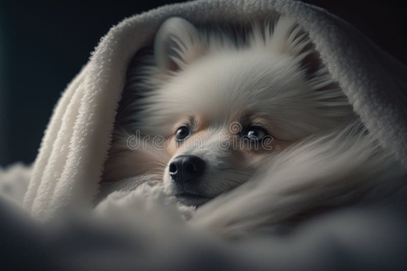 A Young Spitz Dog Under a Blanket. the Pet is Basking Under the Plaid