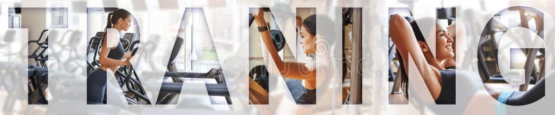 Fitness life. Young sporty woman exercising at gym with an overlay of the word TRAINING. Panoramic banner header. Sport