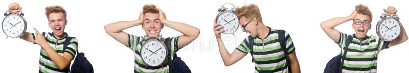 The young student with alarm-clock in time management concept royalty free stock images The young student with alarm-clock in time management concept royalty free stock images