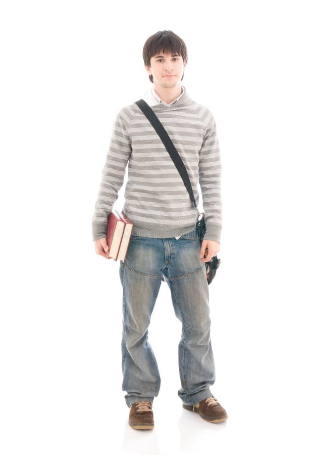 The young student with books isolated on a white