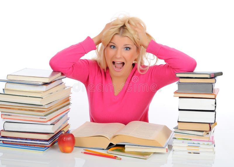 Young student girl with lots of books in panic