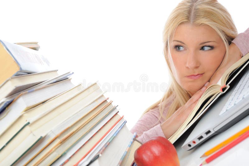 Young student girl with lots of books in panic