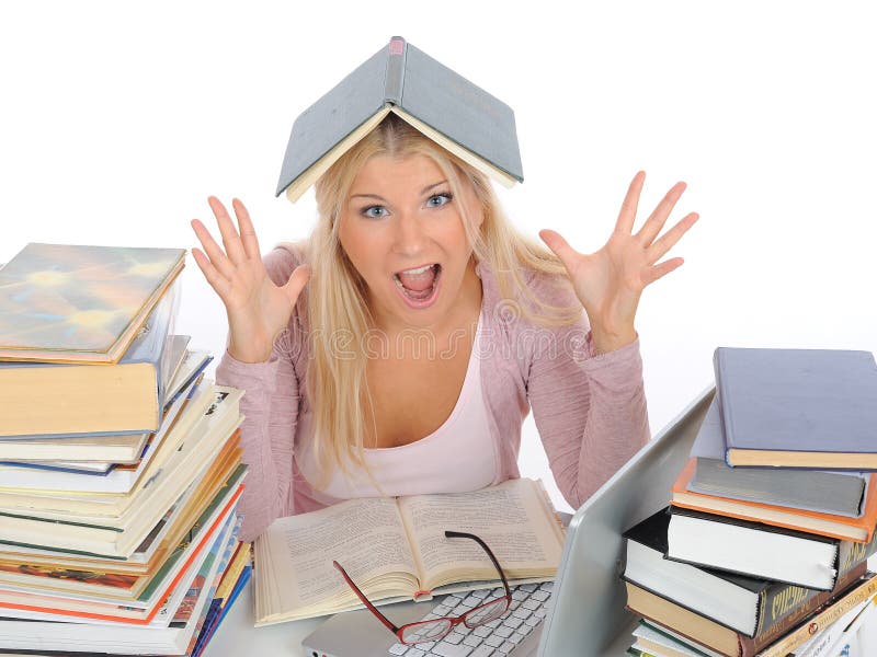 Young student girl with lots of books in panic