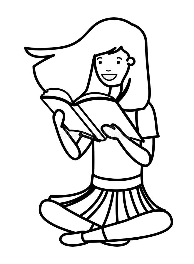 Young student girl sitting reading book vector illustration