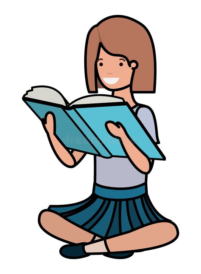 Young student girl sitting reading book royalty free illustration