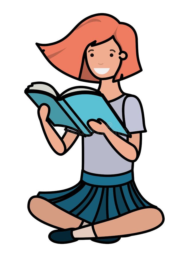 Young student girl sitting reading book vector illustration