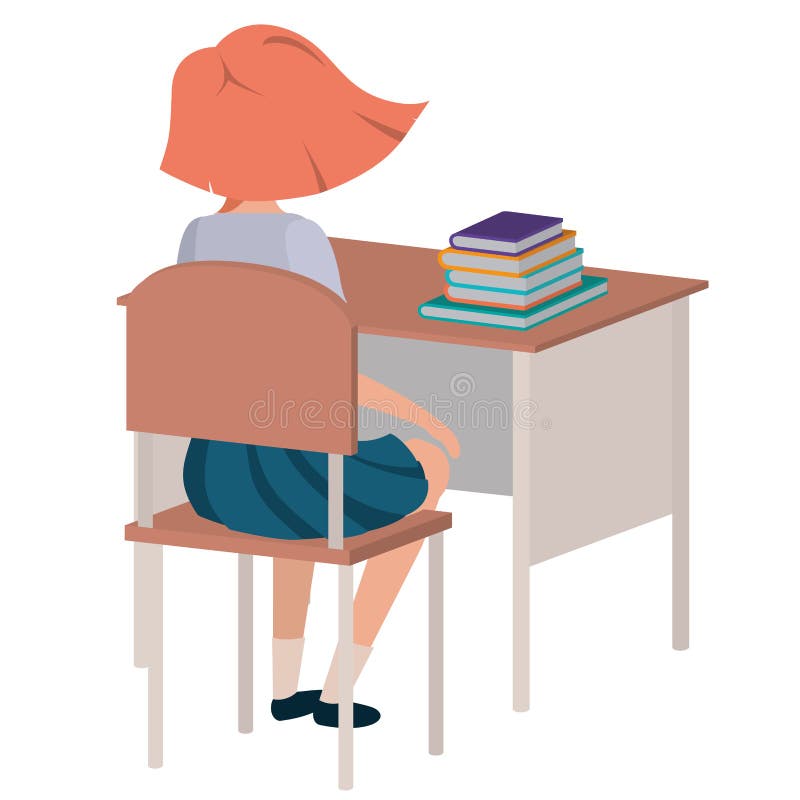 Young student girl sitting in school desk vector illustration