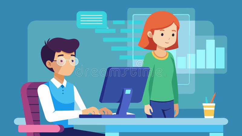 A young student sitting at a desk typing away on a keyboard while a holographic tutor program stands beside her offering vector illustration