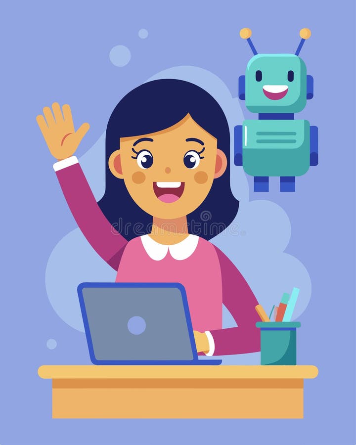 A young student sitting at her desk excitedly raising her hand as she successfully completes an educational task on her vector illustration