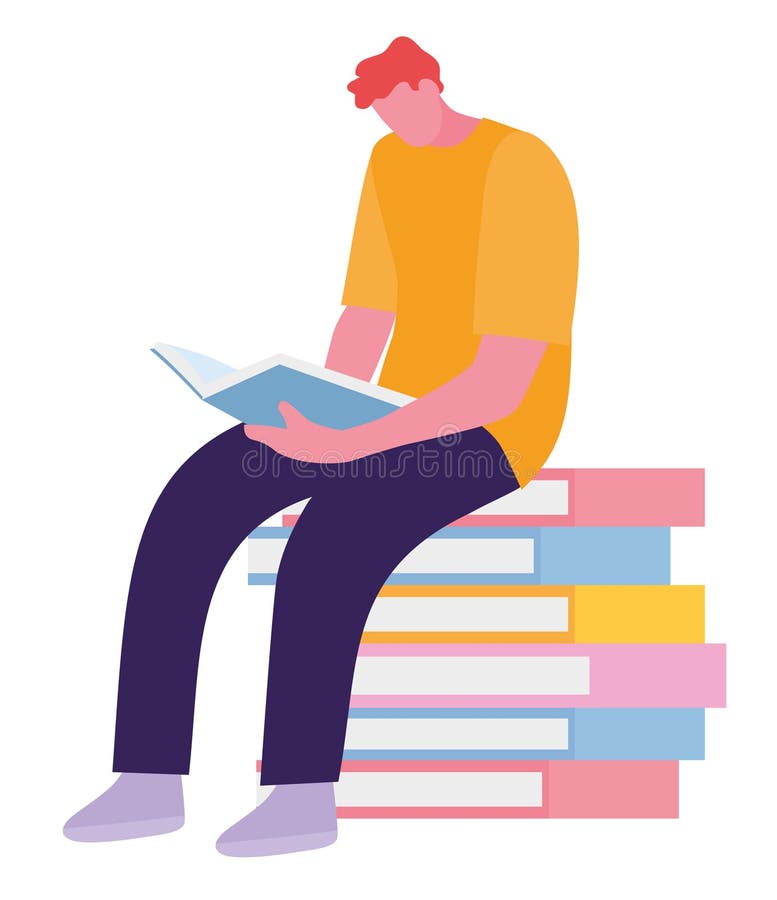 Young student sitting on top of book stack on white. Vector illustration in a flat cartoon style stock illustration