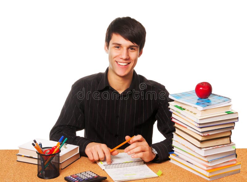 Young student studying isolated over white