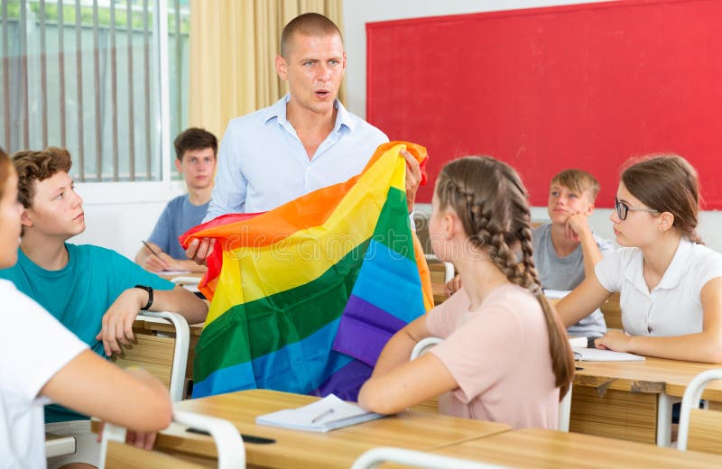 Teenager students listening lecture about LGBT community