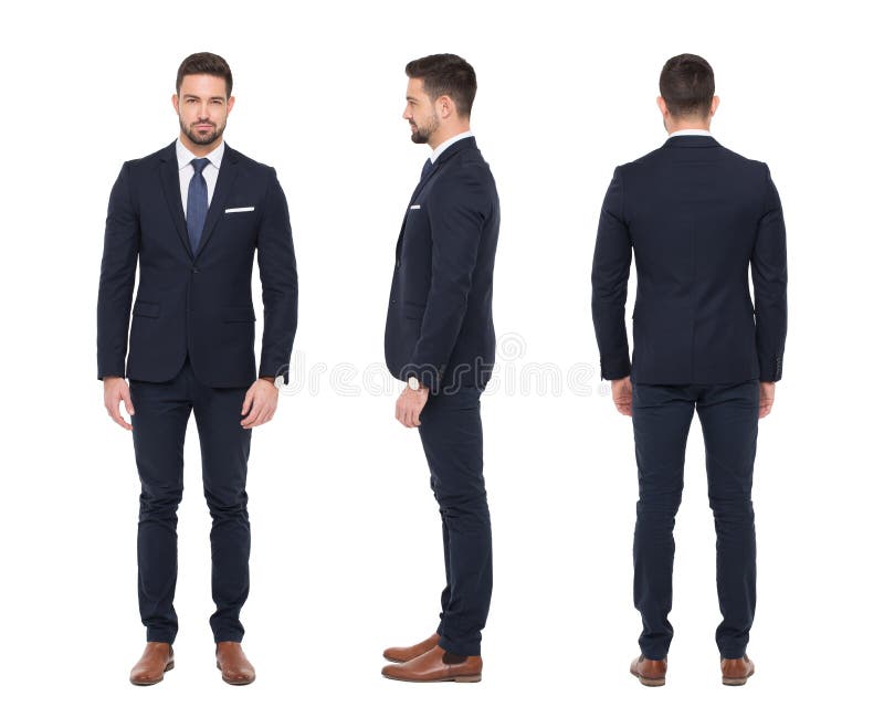 Young caucasian stylish businessman front side rear view isolate stock photo