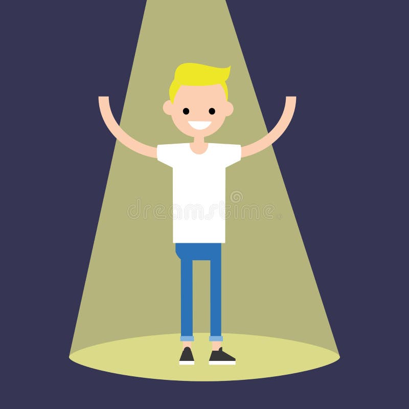 Young Successful Blond Boy Standing in the Spotlight Stock Vector