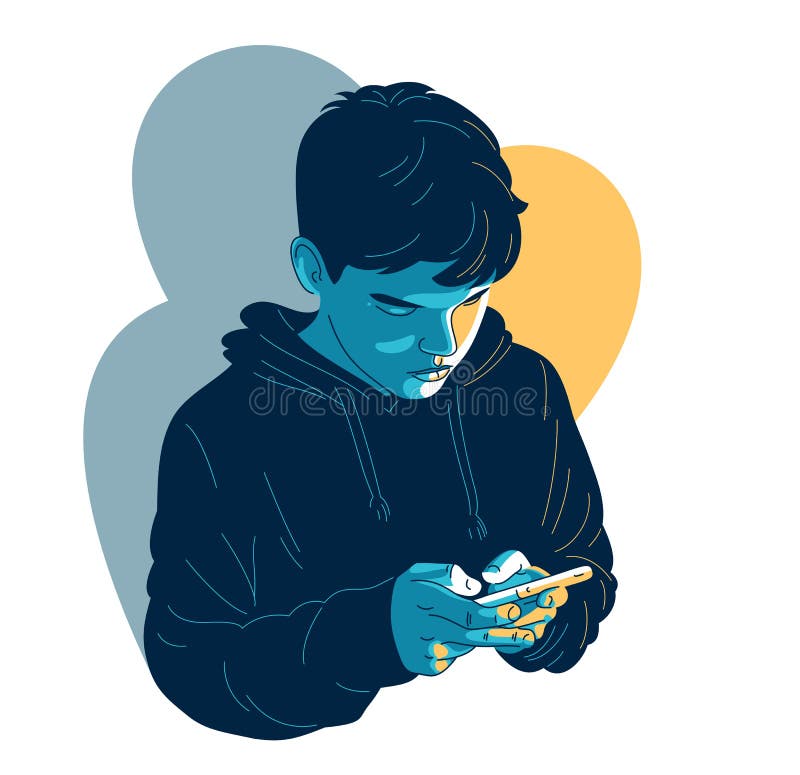 Young teenager boy uses his phone vector illustration isolated on white, phone or internet addiction concept, serious thinking
