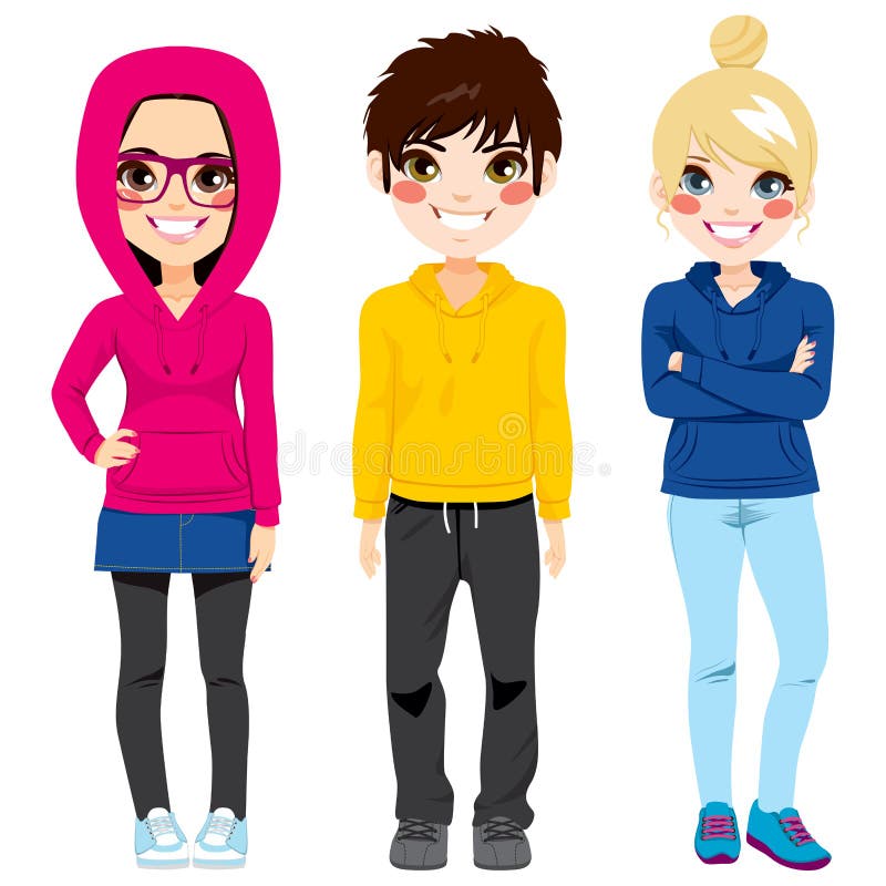 Full body illustration of three happy young teenagers girls and boy smiling with colorful casual outfit posing together. Full body illustration of three happy young teenagers girls and boy smiling with colorful casual outfit posing together