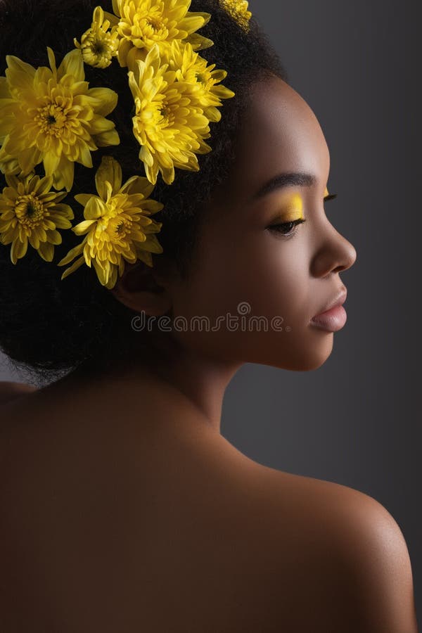 Young Tender African American Woman with Artistic Make-up and Gerbera in Hair Isolated on Grey Background. Advertisement Stock Photo - Image of flower, caucasian: 192600422 Young Tender African American Woman with Artistic Make-up and Gerbera in Hair Isolated on Grey Background. Advertisement Stock Photo - Image of flower, caucasian: 192600422