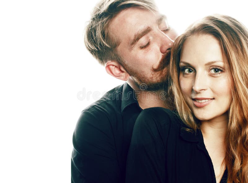 Young Tender Couple Man And Woman In Love Isolated On White Fooling Around Real Modern Hipster