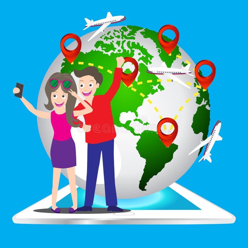 Young tourist couple using a smart phone to take a selfie picture of themselves with world map pin icon, Elements of earth map Fur royalty free illustration