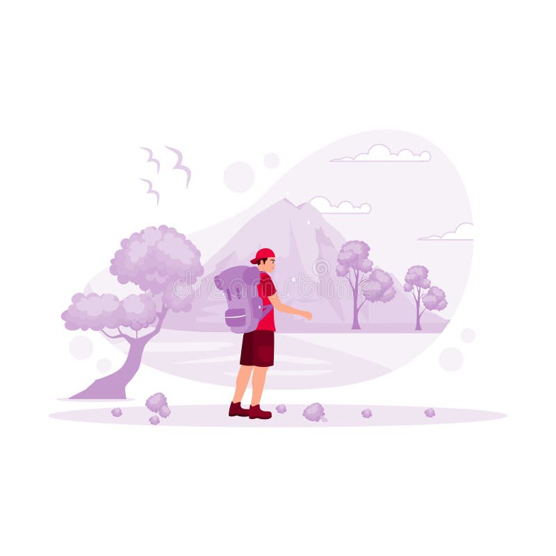 A young traveler with a backpack climbs a mountain with a beautiful view. Hiking Mountain concept. royalty free illustration