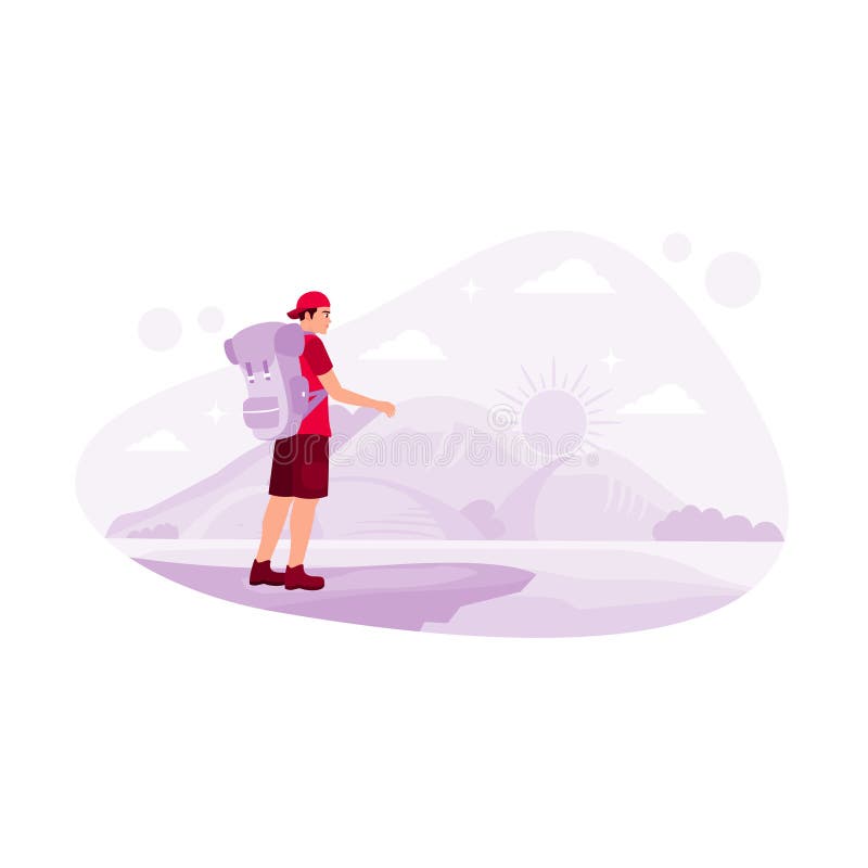 A young traveler climbs a mountain as the sun shines. Hiking Mountain concept. stock illustration