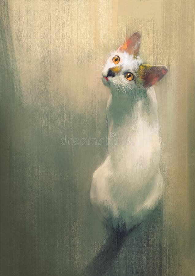 Mladý biely mačka hľadá hore, digitálne maľovanie.