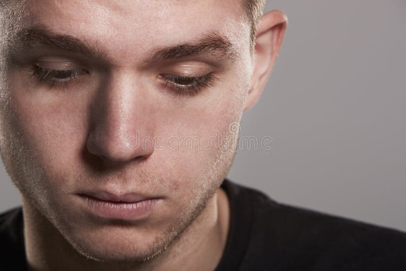 Young White Man Looking Down, Close Up Stock Image - Image of front ...