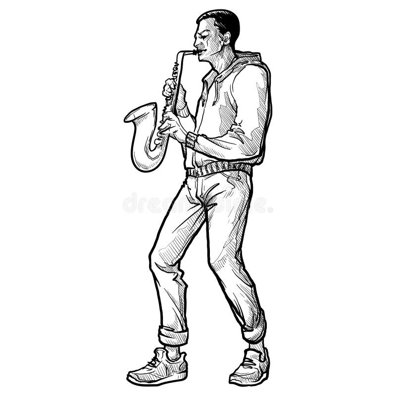 Man stands playing saxophone against black background 