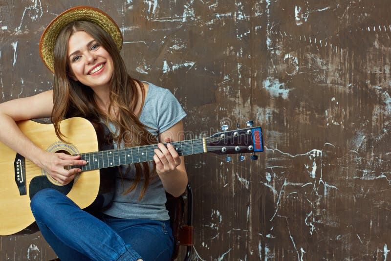 Young Woman with Acoustic Guitar. Stock Image - Image of caucasian