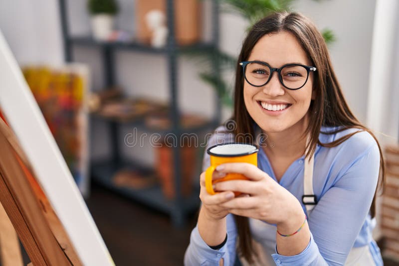 Young Woman Artist Drinking Coffee at Art Studio Stock Image Image of