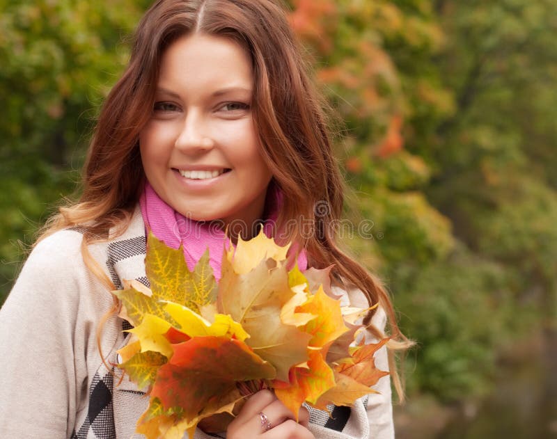 Young Woman With Autumn Leaves In Park Stock Photo Image Of Garden