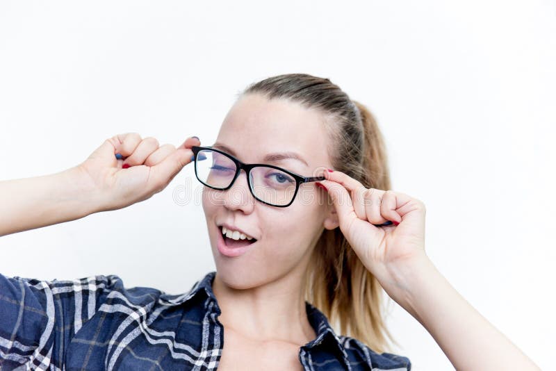 Young woman with bad eyesight with glasses and contact lenses. 