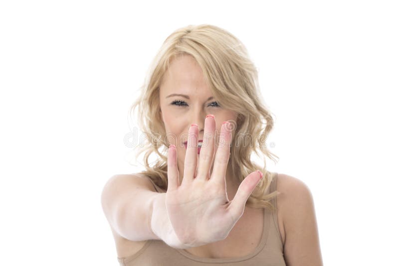 Young Woman Being Defensive Raising Hand royalty free stock images Young Woman Being Defensive Raising Hand royalty free stock images