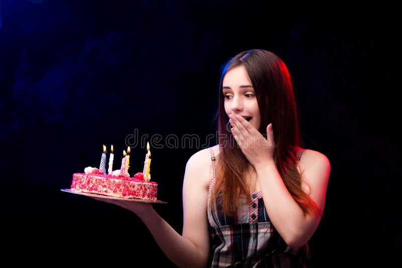 The Young Woman with Birthday Cake at Party Stock Photo Image of