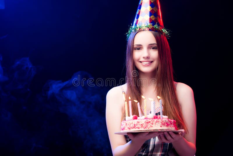 The Young Woman with Birthday Cake at Party Stock Photo Image of