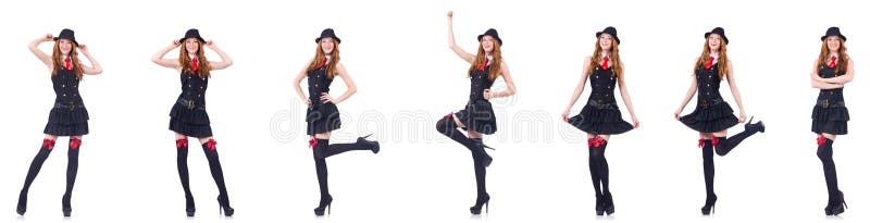 The young woman in black costume isolated on white