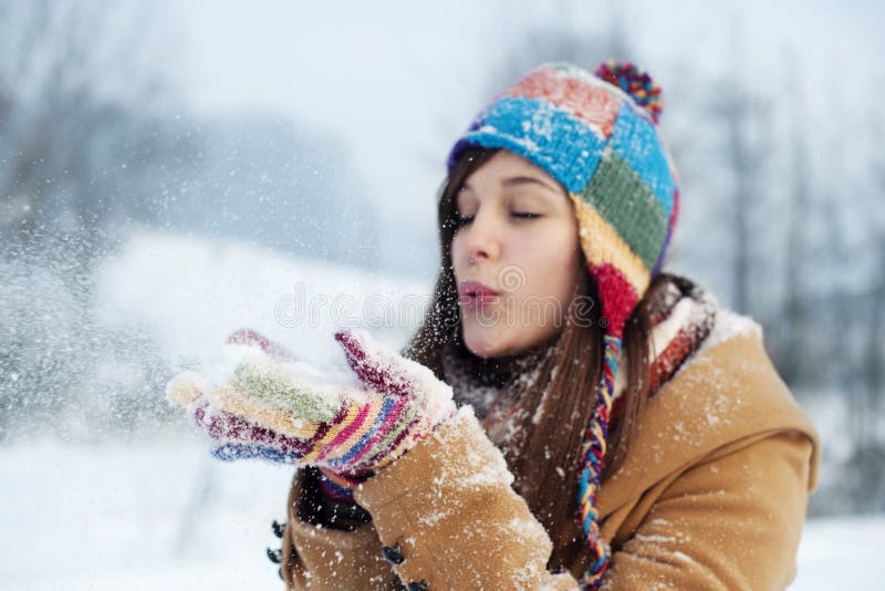 Young Woman Blowing Snow To Away Stock Photo - Image of nature ...