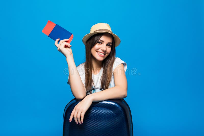 Young Woman with Blue Suitcase and Ticket Passport on Blue Background Stock  Image - Image of caucasian, case: 102769625