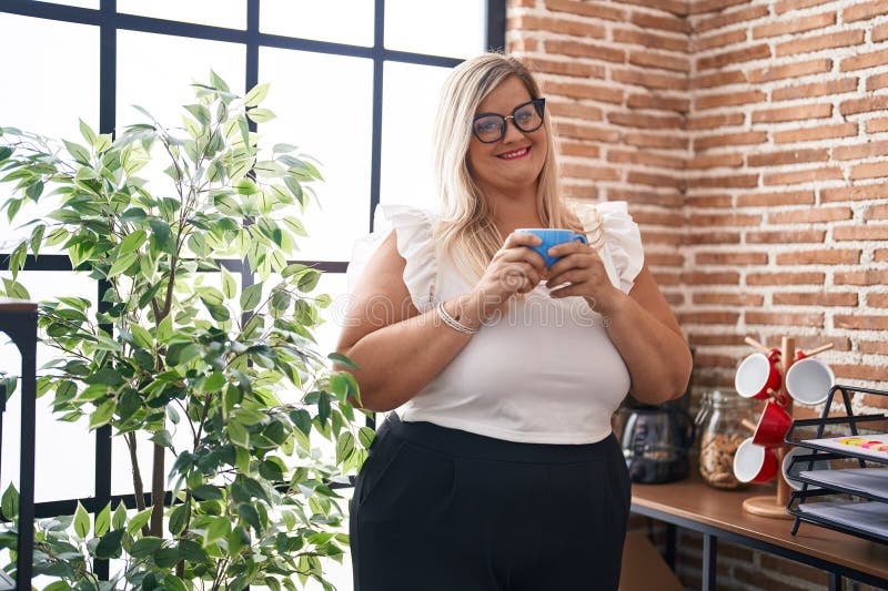 Young Woman Business Worker Drinking Cup of Coffee at Office Stock ...