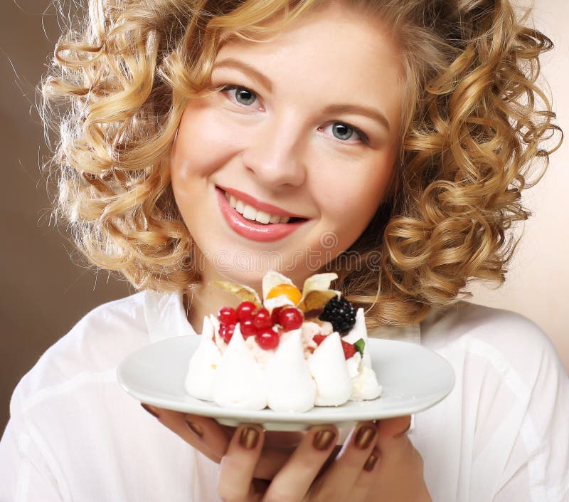 Young woman with a cake stock image. Image of cream, health 32083805