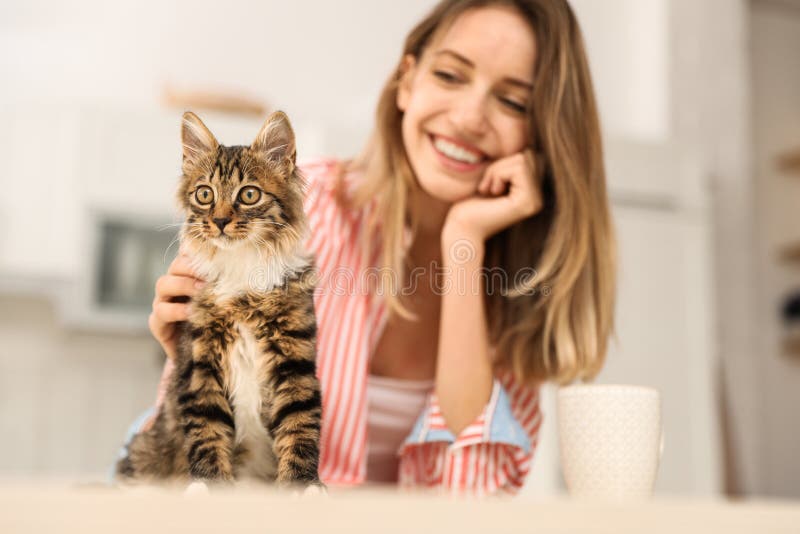 Young woman with cat at home. Owner and pet. Young woman with cat at home. Owner and pet