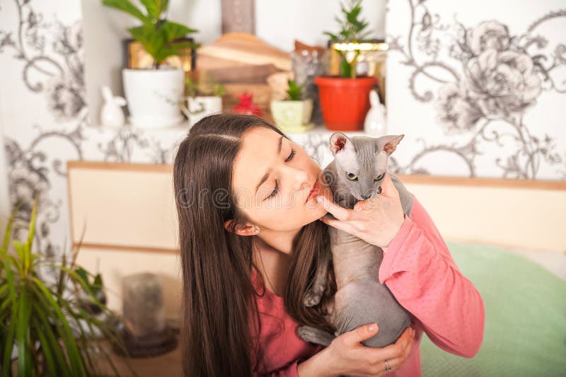 Young woman with cats having fun in the bedroom. Stay home concept. The girl with the cat Sphinx and Scottish Fold plays on the be stock images Young woman with cats having fun in the bedroom. Stay home concept. The girl with the cat Sphinx and Scottish Fold plays on the be stock images
