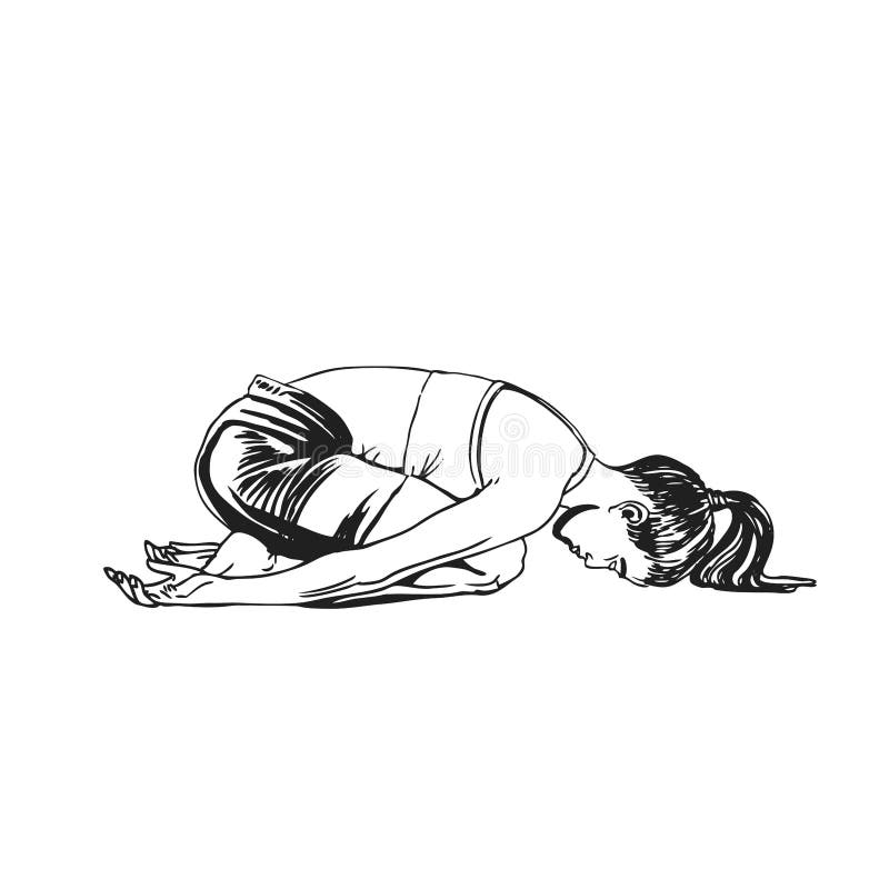 Young woman in child`s pose yoga, hand drawn waterclor art of black. Yoga illustration vector