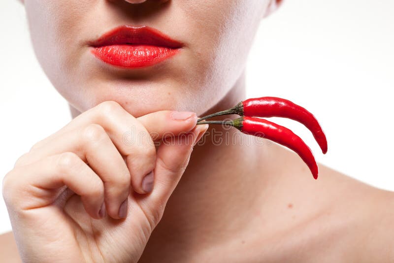Young Woman with Chili Pepper Isolated on White Stock Image Image of
