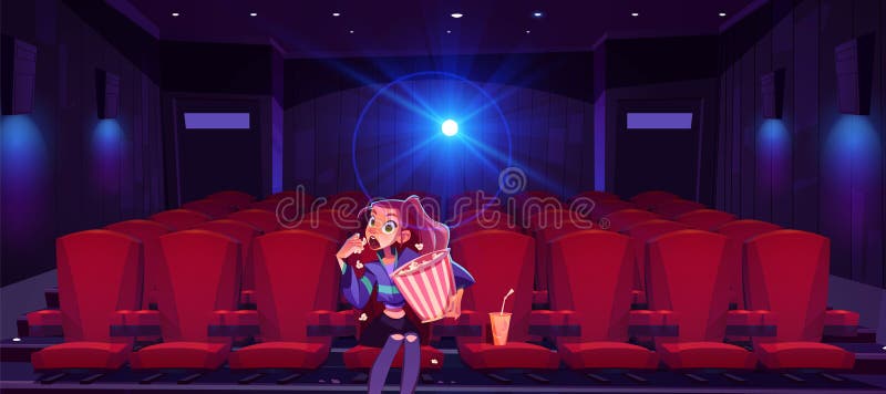 Young woman in cinema mesmerized girl with pop corn bucket in hands sitting alone in movie theater hall front of screen watching very interesting film with open mouth. Cartoon vector illustration. Young woman in cinema mesmerized girl with pop corn bucket in hands sitting alone in movie theater hall front of screen watching very interesting film with open mouth. Cartoon vector illustration