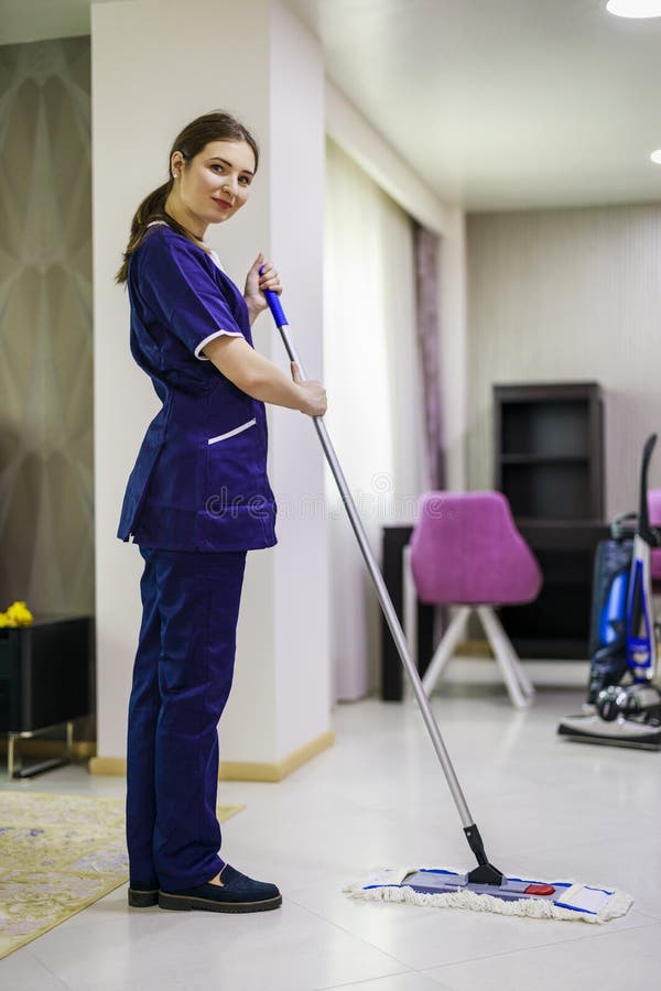 Female Maid Cleaning Floor with Vacuum Cleaner Stock Image Image of