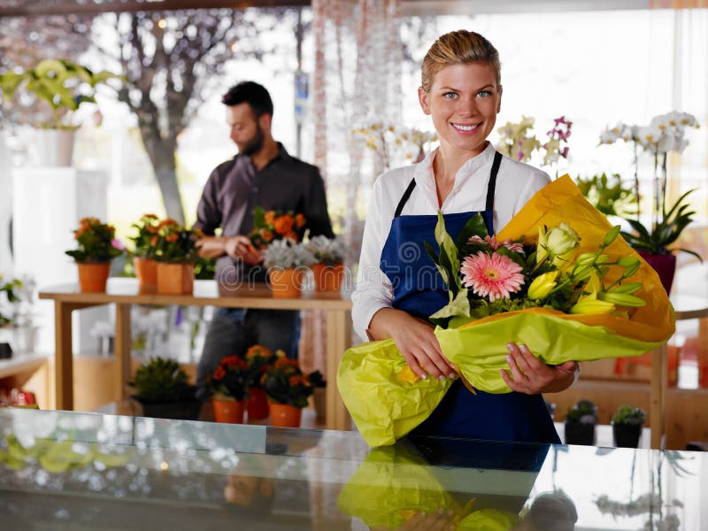 Woman Florist Selling Sunflowers Bouquet Flower Shop Stock Photo